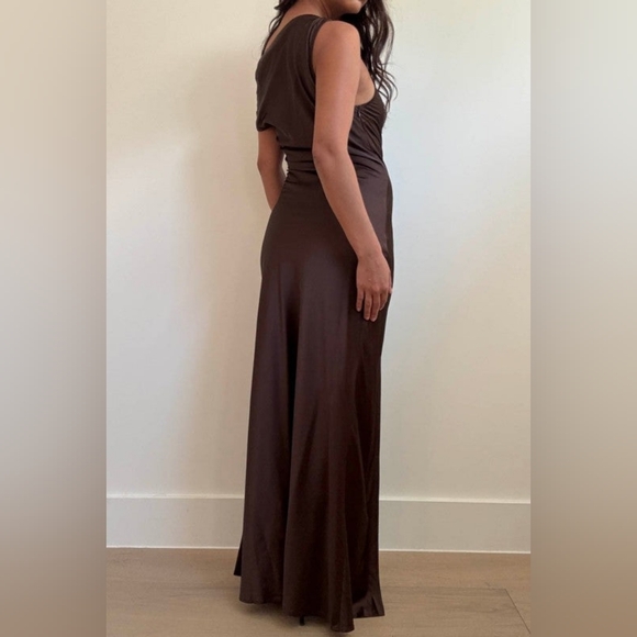 One Shoulder Front Slit Maxi Dress Espresso Brown - Picture 3 of 13